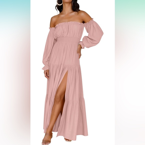 NWT Sexy Off Shoulder Long Sleeve Smocked High Waist Side Split